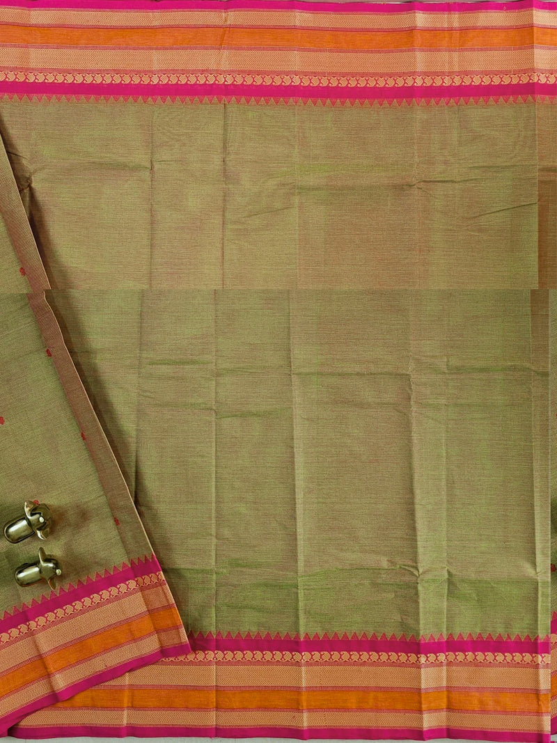 Chettinad Cotton Saree - Dual  Shade Off Green with Pink