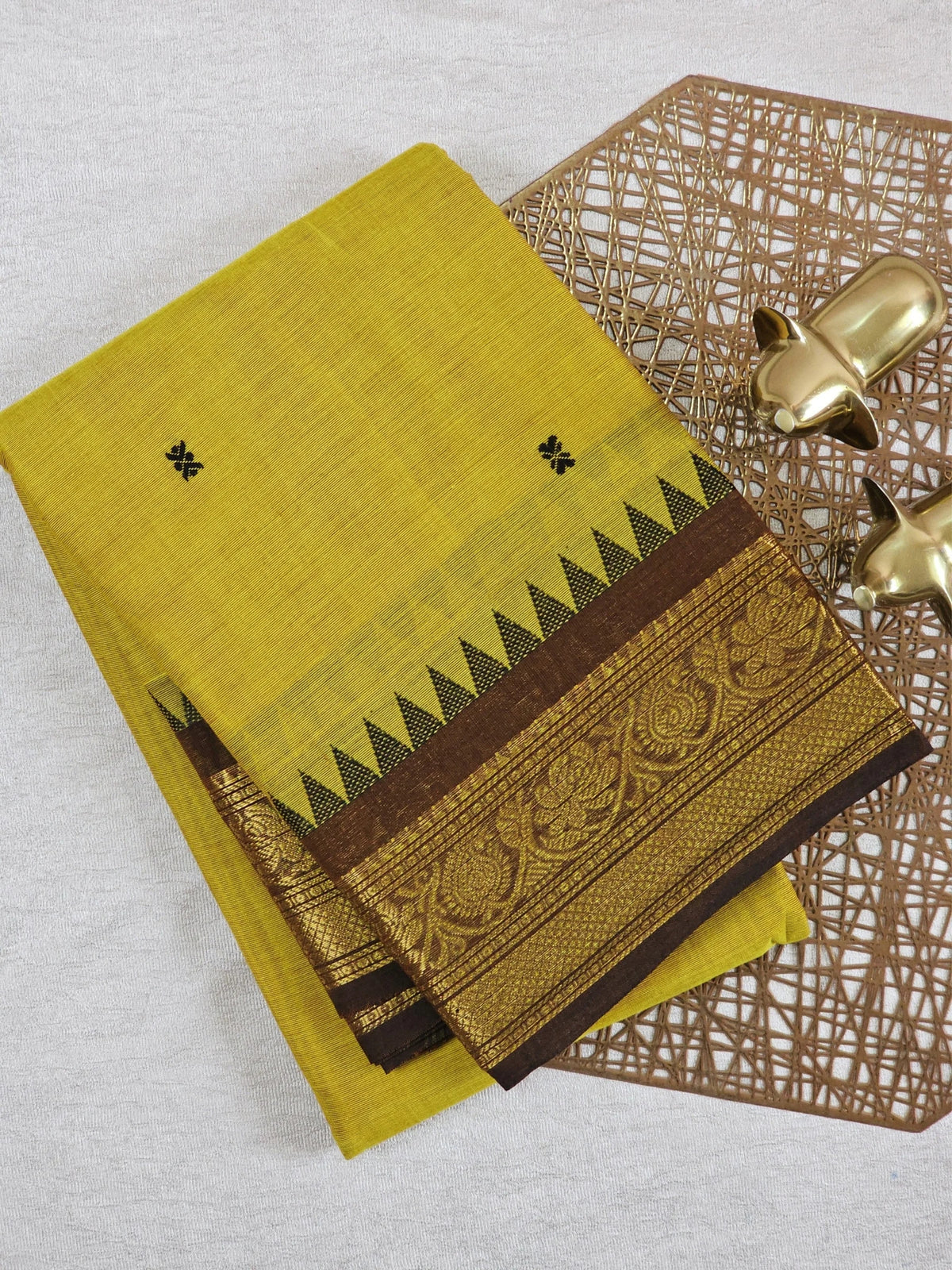 Chettinad Cotton Saree - Yellow with Brown