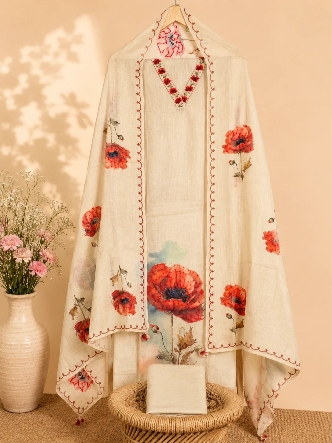Soft Linen Tissue Unstitched Salwar - Cream with Red