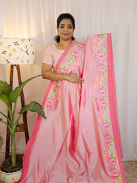 Handwoven Mangalagiri Pattu Saree with Floral Applique Print - Pink