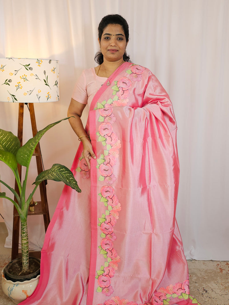 Handwoven Mangalagiri Pattu Saree with Floral Applique Print - Pink