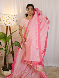 Handwoven Mangalagiri Pattu Saree with Floral Applique Print - Pink