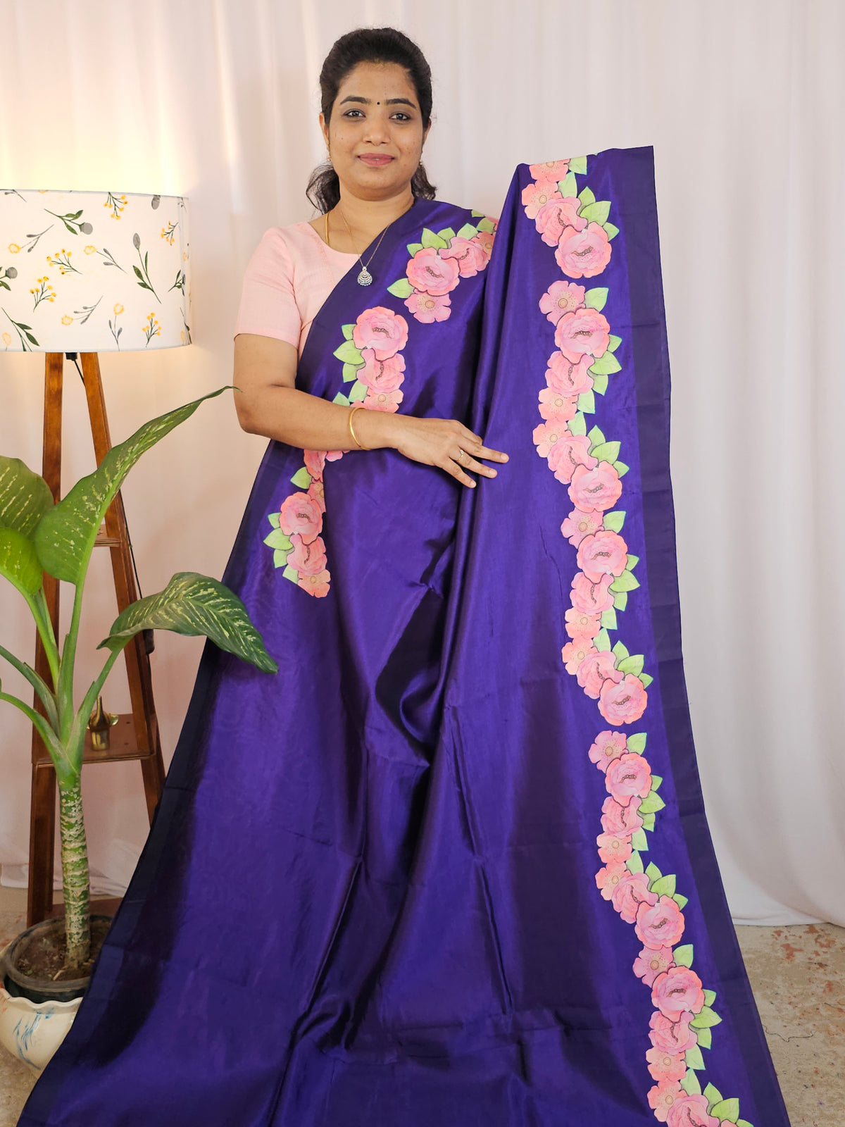 Handwoven Mangalagiri Pattu Saree with Floral Applique Print - Purple