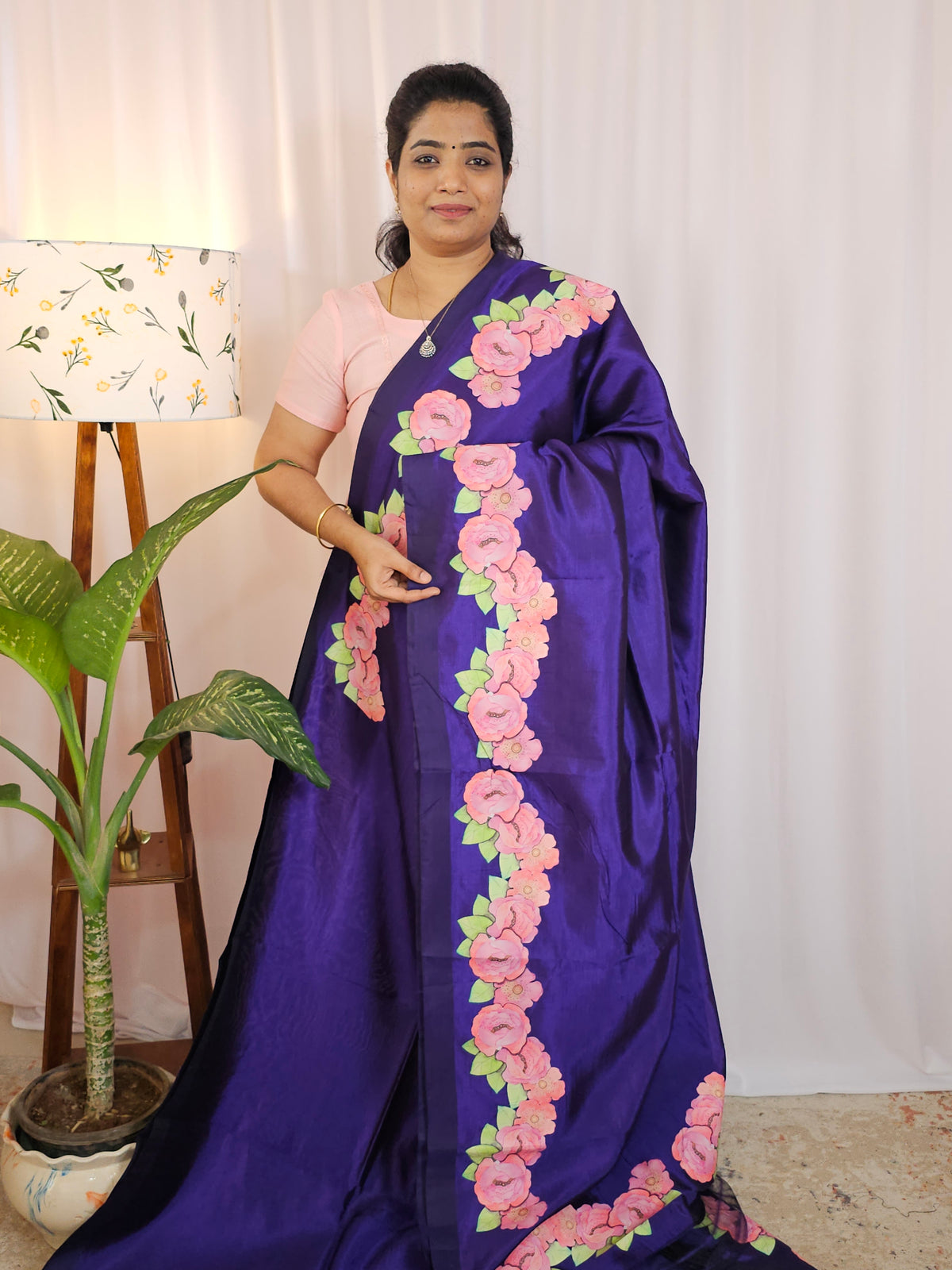 Handwoven Mangalagiri Pattu Saree with Floral Applique Print - Purple