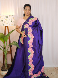 Handwoven Mangalagiri Pattu Saree with Floral Applique Print - Purple