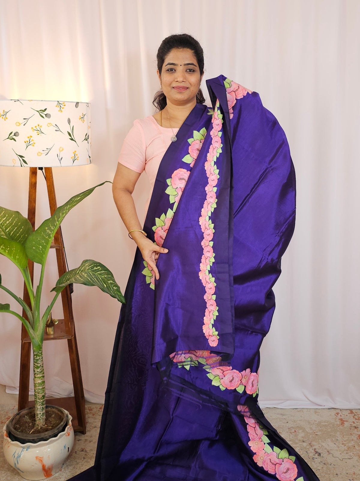 Handwoven Mangalagiri Pattu Saree with Floral Applique Print - Purple