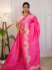Handwoven Mangalagiri Pattu Saree with Floral Applique Print - Pink