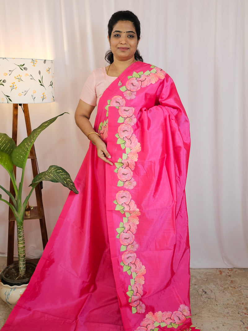 Handwoven Mangalagiri Pattu Saree with Floral Applique Print - Pink