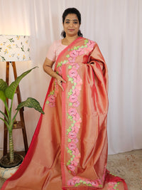 Handwoven Mangalagiri Pattu Saree with Floral Applique Print - Peachish Pink