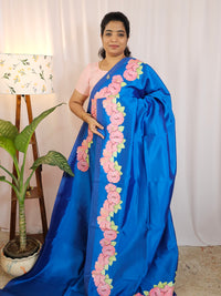 Handwoven Mangalagiri Pattu Saree with Floral Applique Print -  Blue