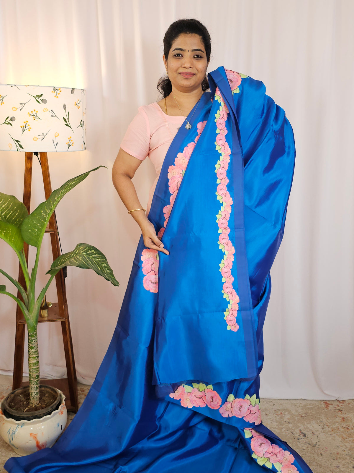 Handwoven Mangalagiri Pattu Saree with Floral Applique Print -  Blue