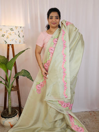 Handwoven Mangalagiri Pattu Saree with Floral Applique Print - Silver