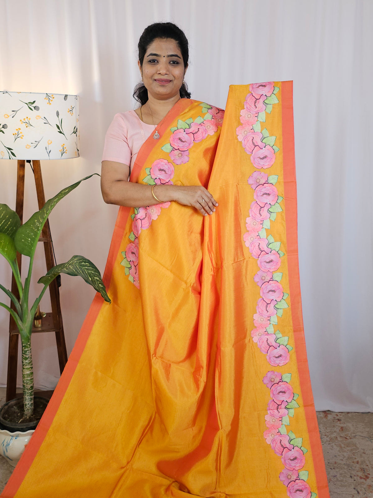 Handwoven Mangalagiri Pattu Saree with Floral Applique Print - Dual Shade of Yellowish Orange
