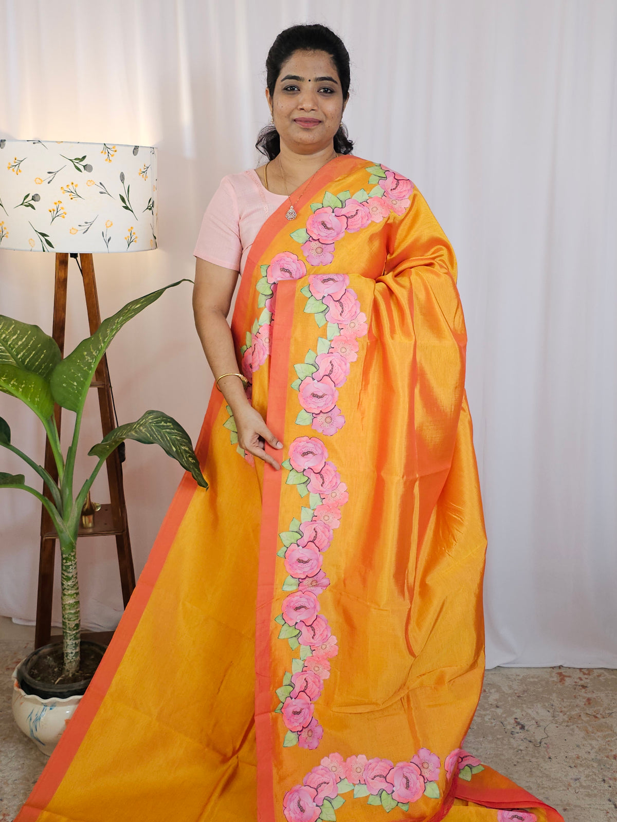Handwoven Mangalagiri Pattu Saree with Floral Applique Print - Dual Shade of Yellowish Orange