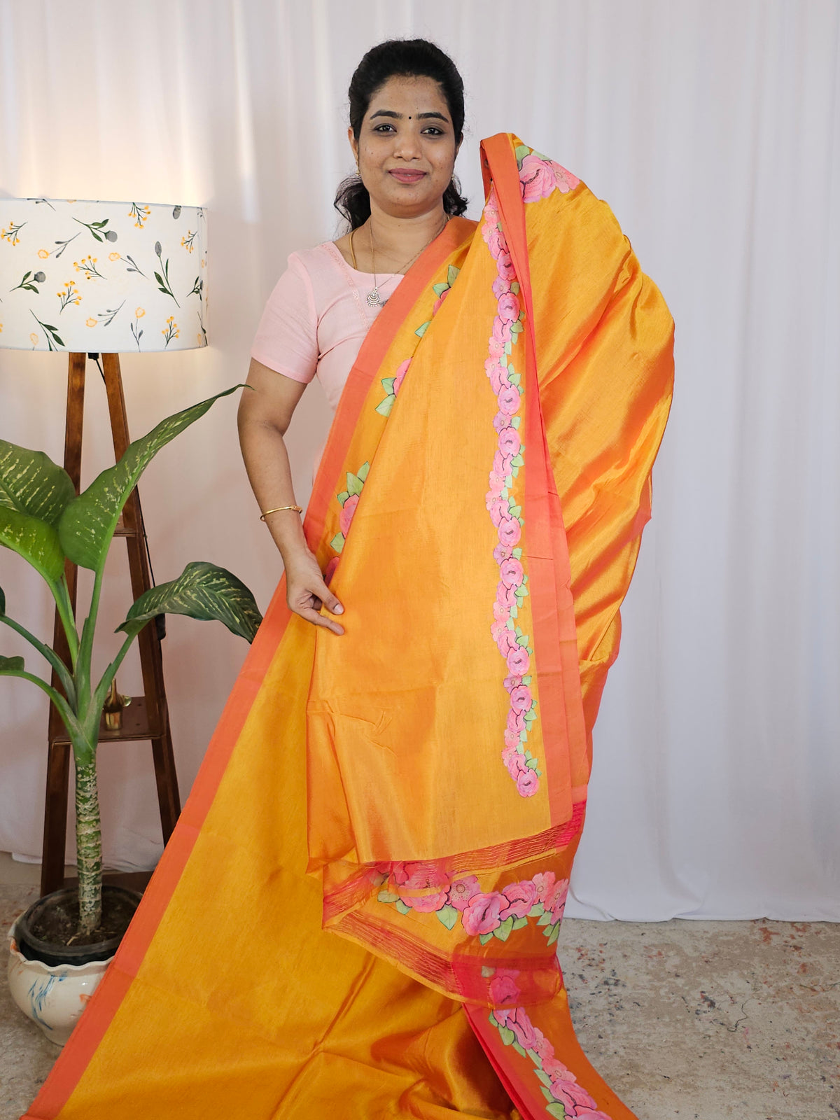 Handwoven Mangalagiri Pattu Saree with Floral Applique Print - Dual Shade of Yellowish Orange