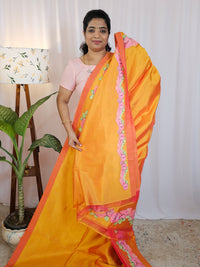 Handwoven Mangalagiri Pattu Saree with Floral Applique Print - Dual Shade of Yellowish Orange