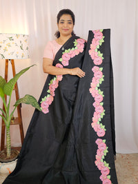 Handwoven Mangalagiri Pattu Saree with Floral Applique Print - Black