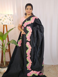 Handwoven Mangalagiri Pattu Saree with Floral Applique Print - Black