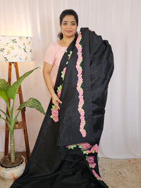 Handwoven Mangalagiri Pattu Saree with Floral Applique Print - Black