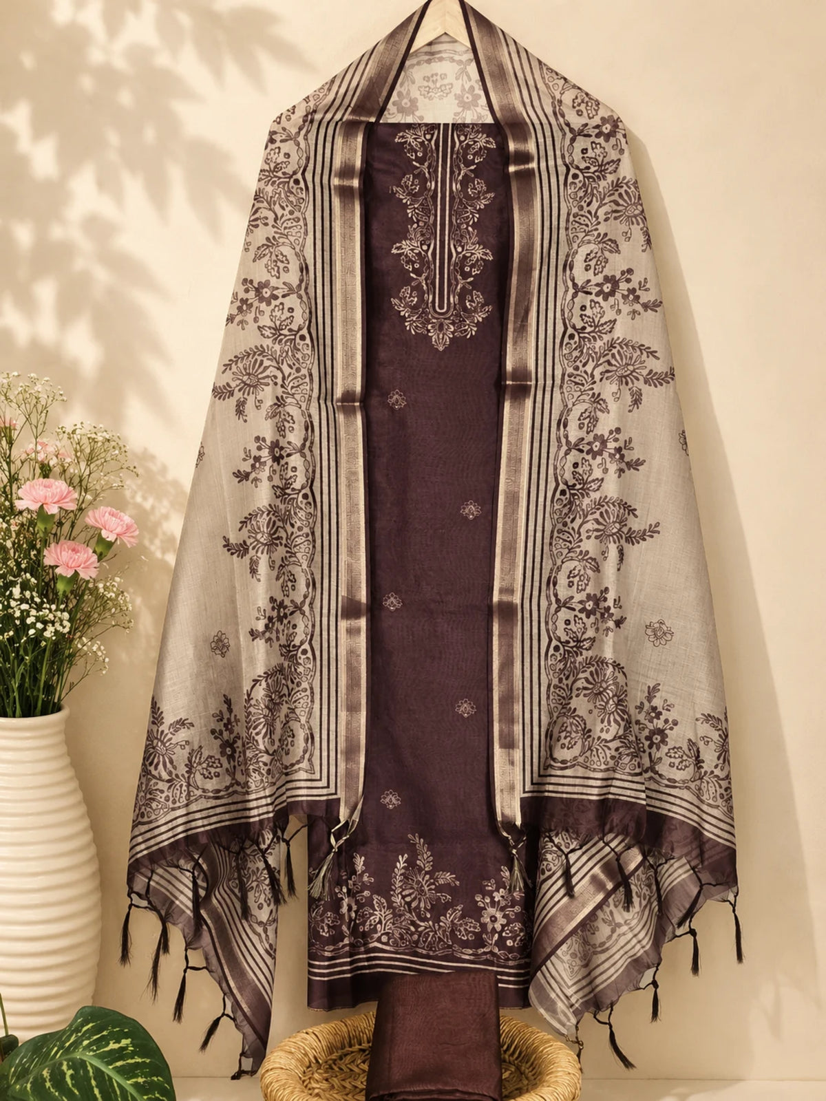 Soft Semi Tussar Unstitched Salwar Set – Dark Brown