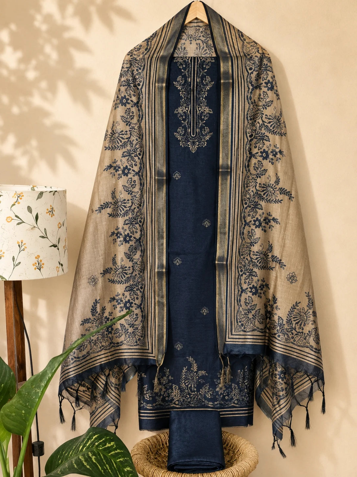 Soft Semi Tussar Unstitched Salwar Set – Dark Blue