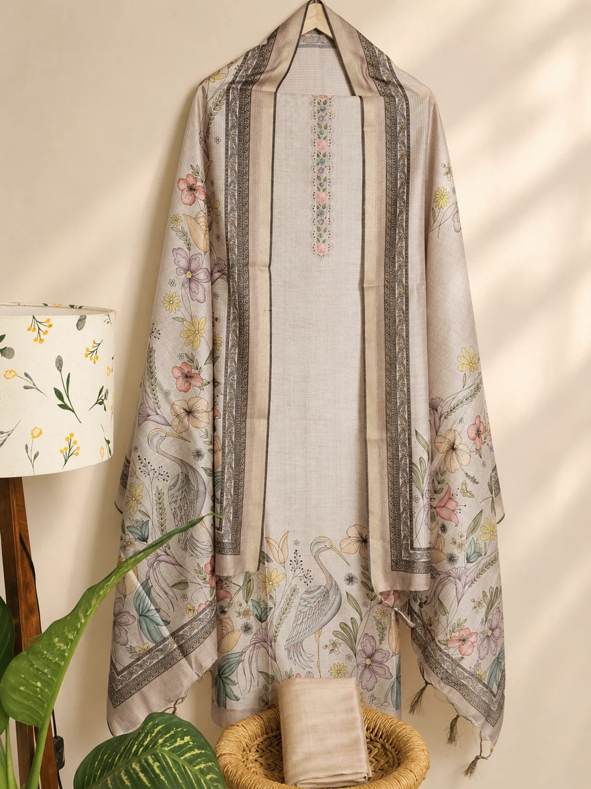 Soft Semi Tussar Unstitched Salwar Set – Beige