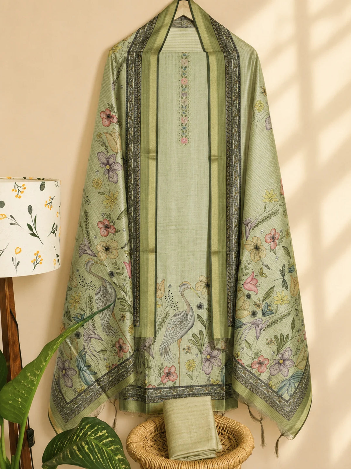 Soft Semi Tussar Unstitched Salwar Set – Green