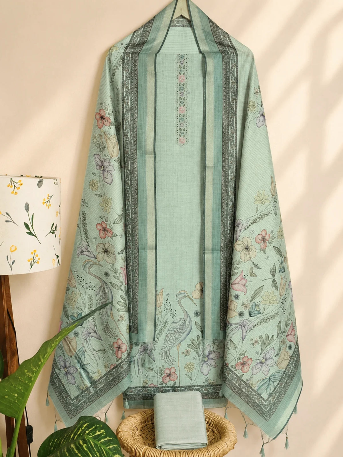 Soft Semi Tussar Unstitched Salwar Set – Pastel Green