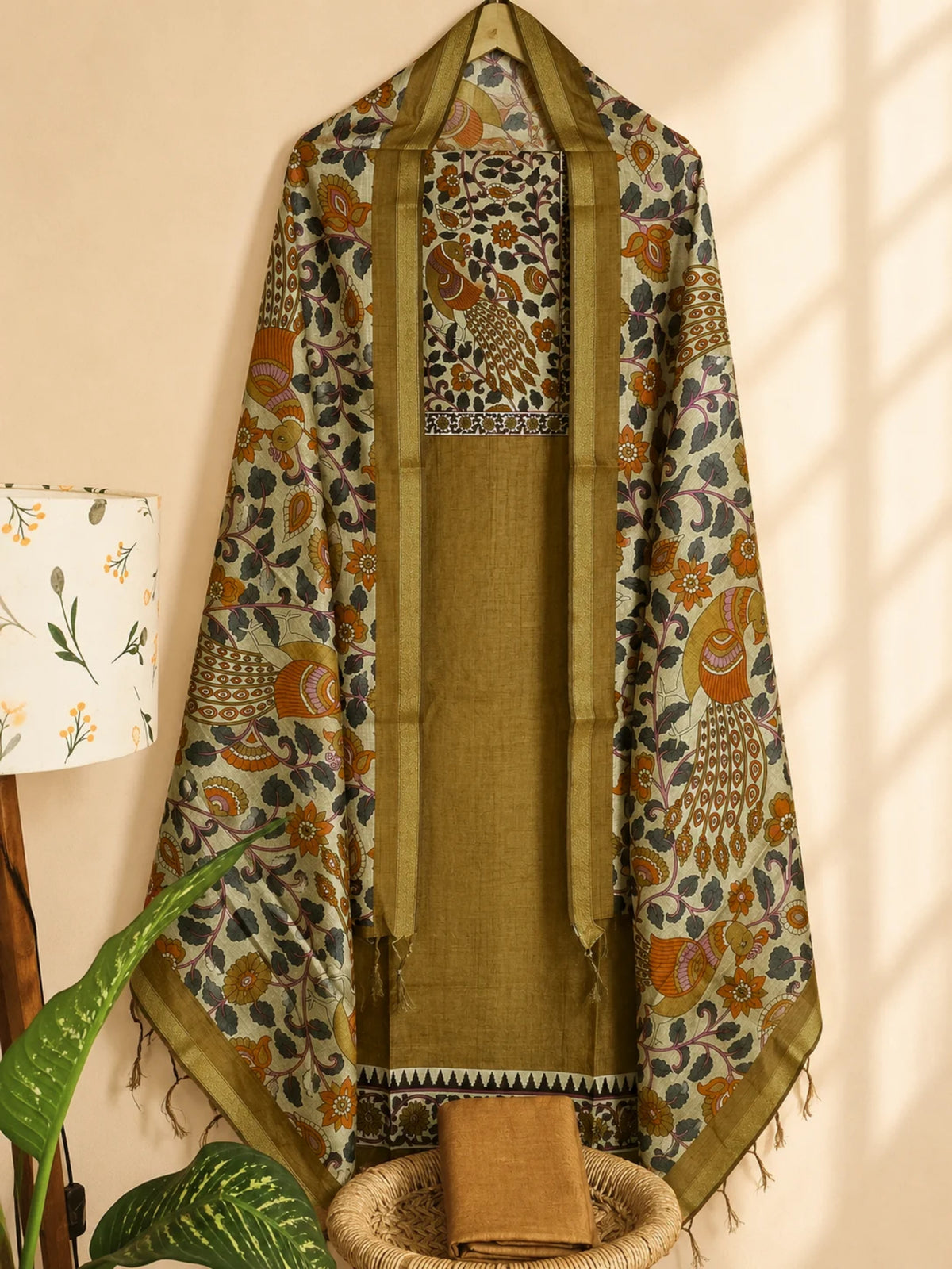 Soft Semi Tussar Unstitched Salwar Set – Mustard Brown