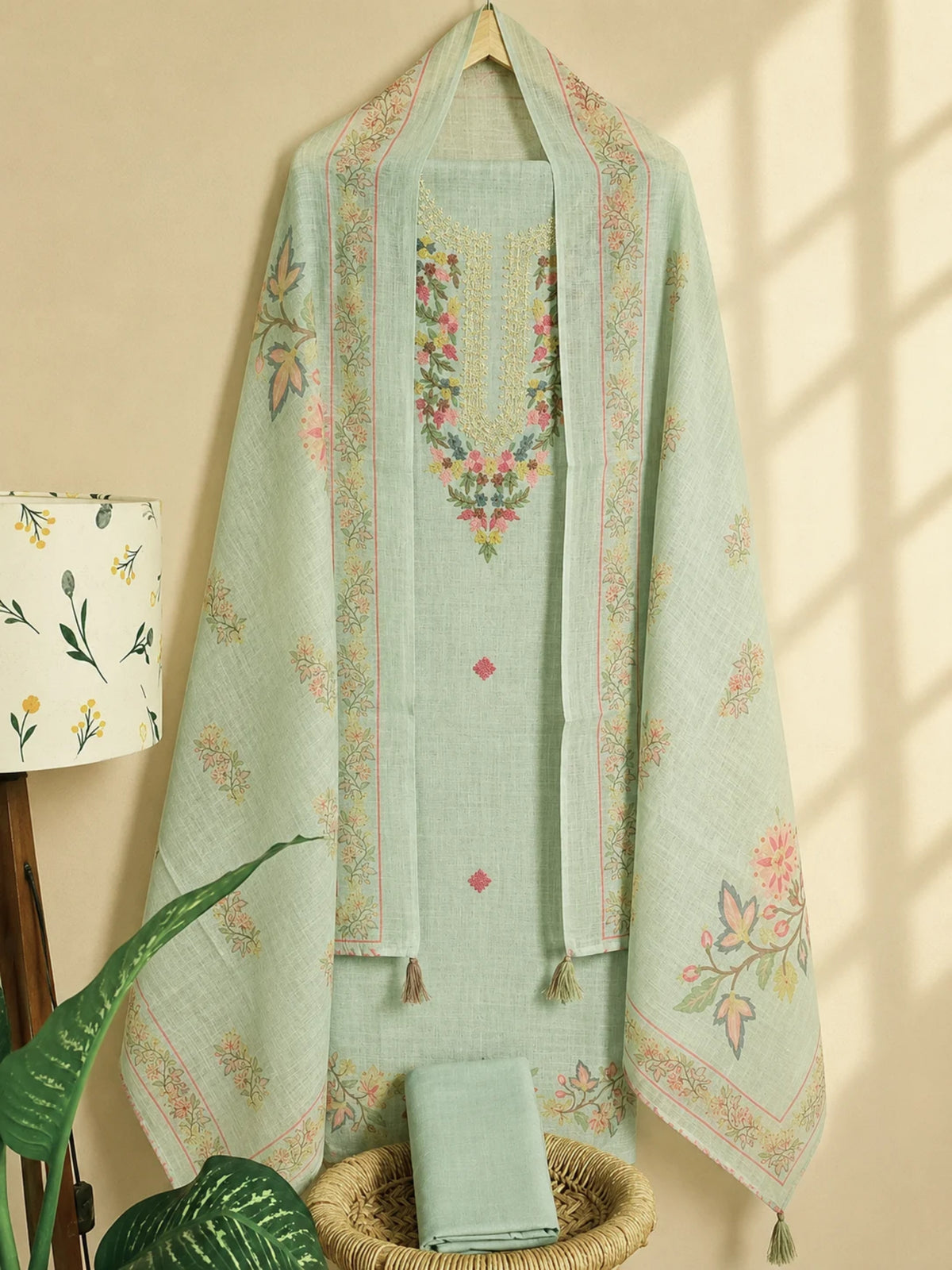 Soft Linen Embroidery Unstitched Salwar Set – Green