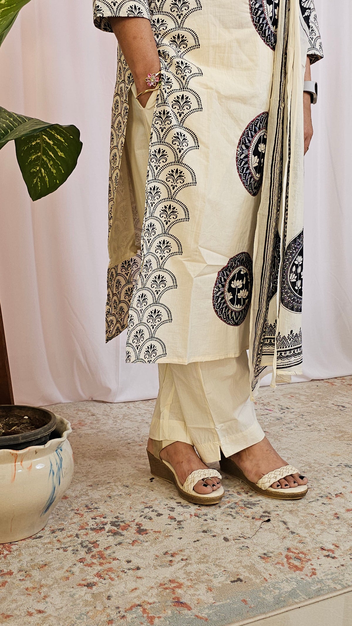 Premium 3 Pcs Mul Cotton Aline kurti with bottom and Dupatta - Cream with Black