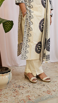 Premium 3 Pcs Mul Cotton Aline kurti with bottom and Dupatta - Cream with Black