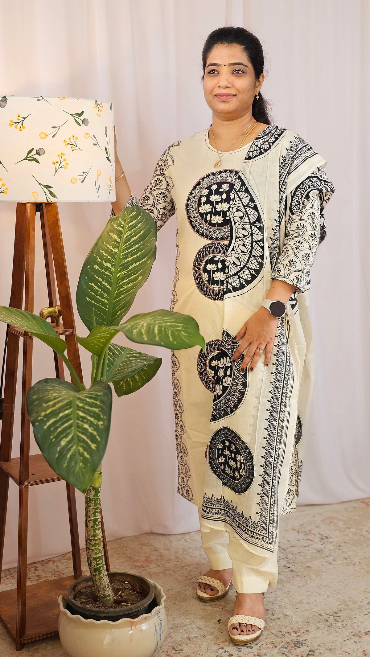 Premium 3 Pcs Mul Cotton Aline kurti with bottom and Dupatta - Cream with Black