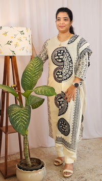 Premium 3 Pcs Mul Cotton Aline kurti with bottom and Dupatta - Cream with Black