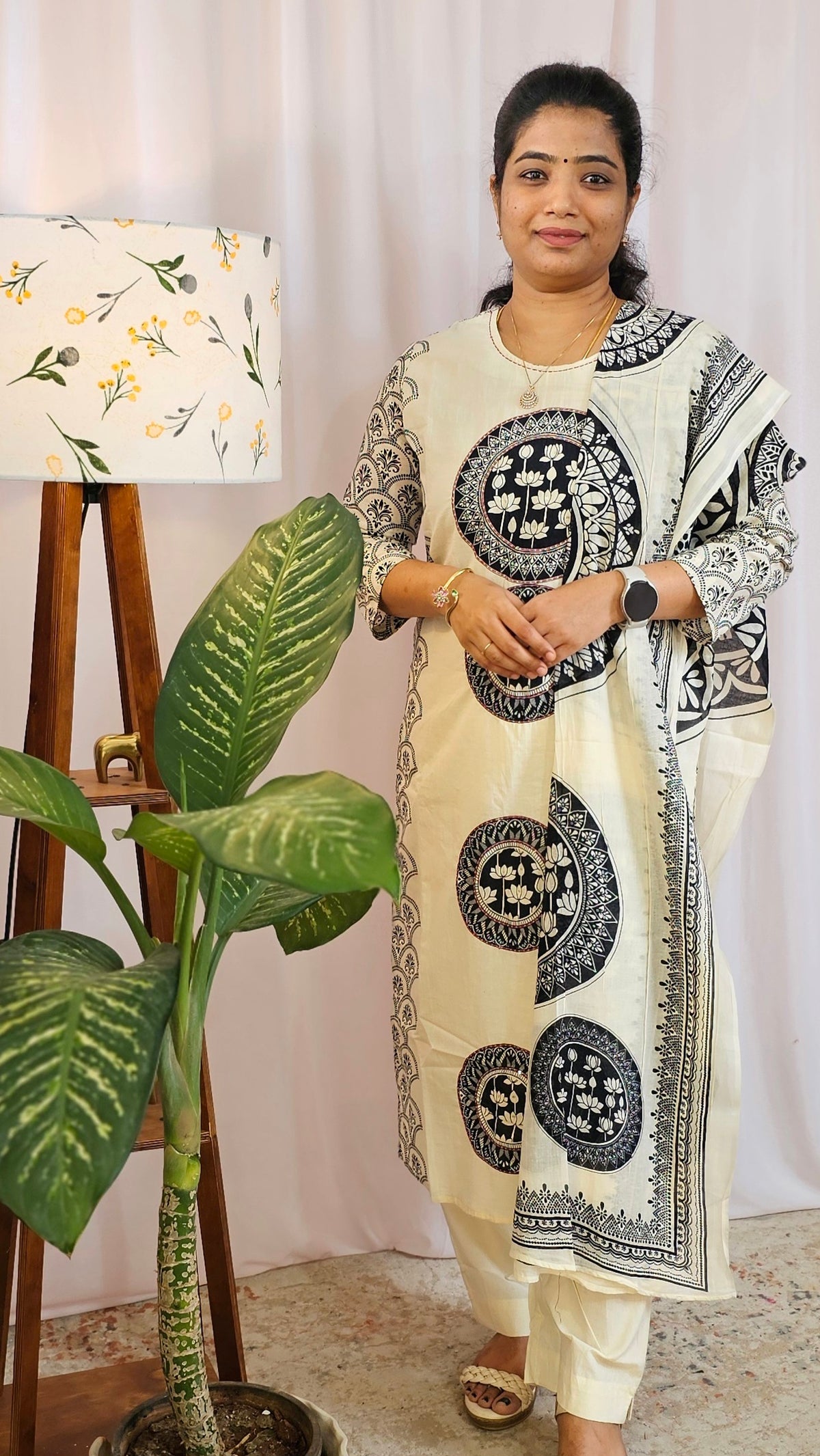 Premium 3 Pcs Mul Cotton Aline kurti with bottom and Dupatta - Cream with Black