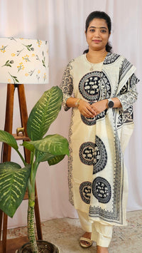 Premium 3 Pcs Mul Cotton Aline kurti with bottom and Dupatta - Cream with Black