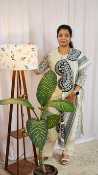 Premium 3 Pcs Mul Cotton Aline kurti with bottom and Dupatta - Cream with Black