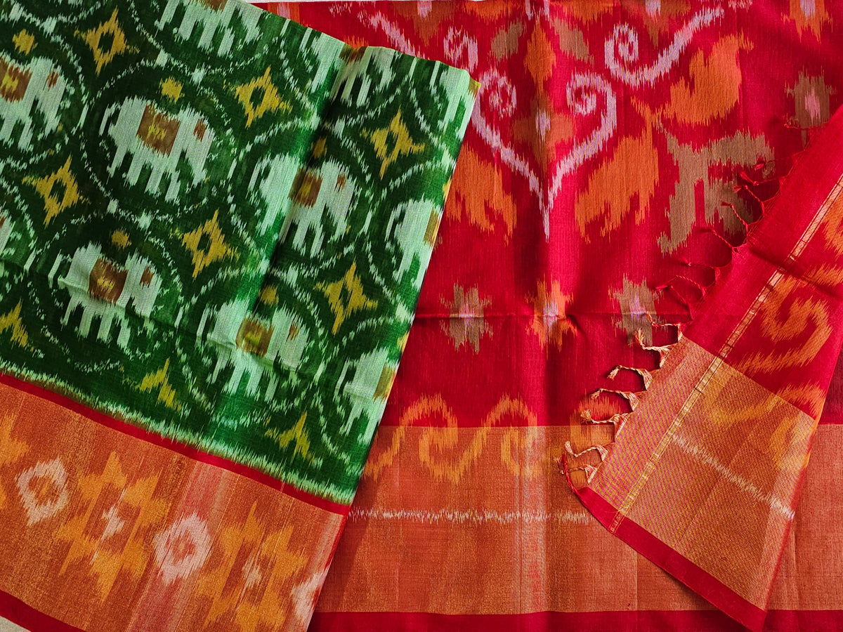 Dark Green with Red Pochampally Ikkat Silk Cotton (SICO Pattu)