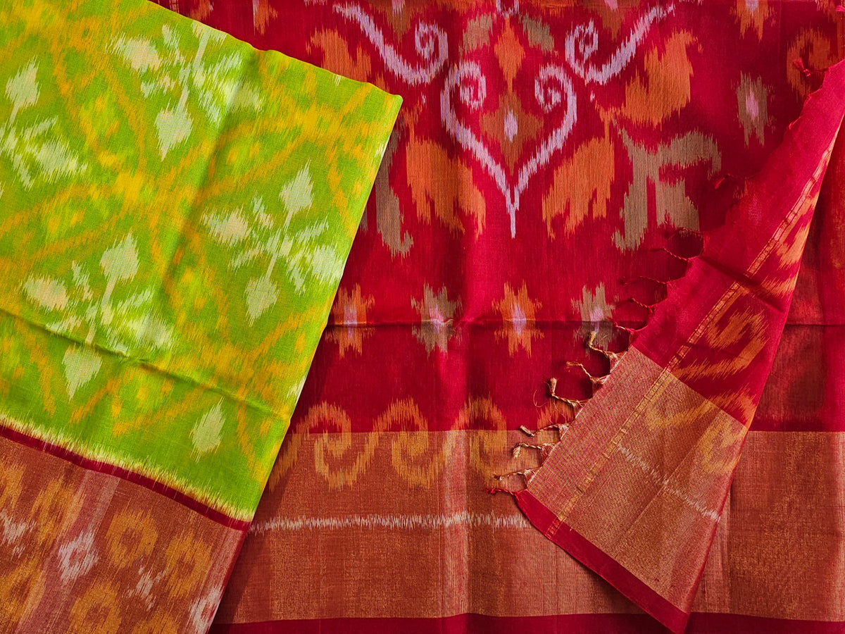 Green with Red Pochampally Ikkat Silk Cotton (SICO Pattu)