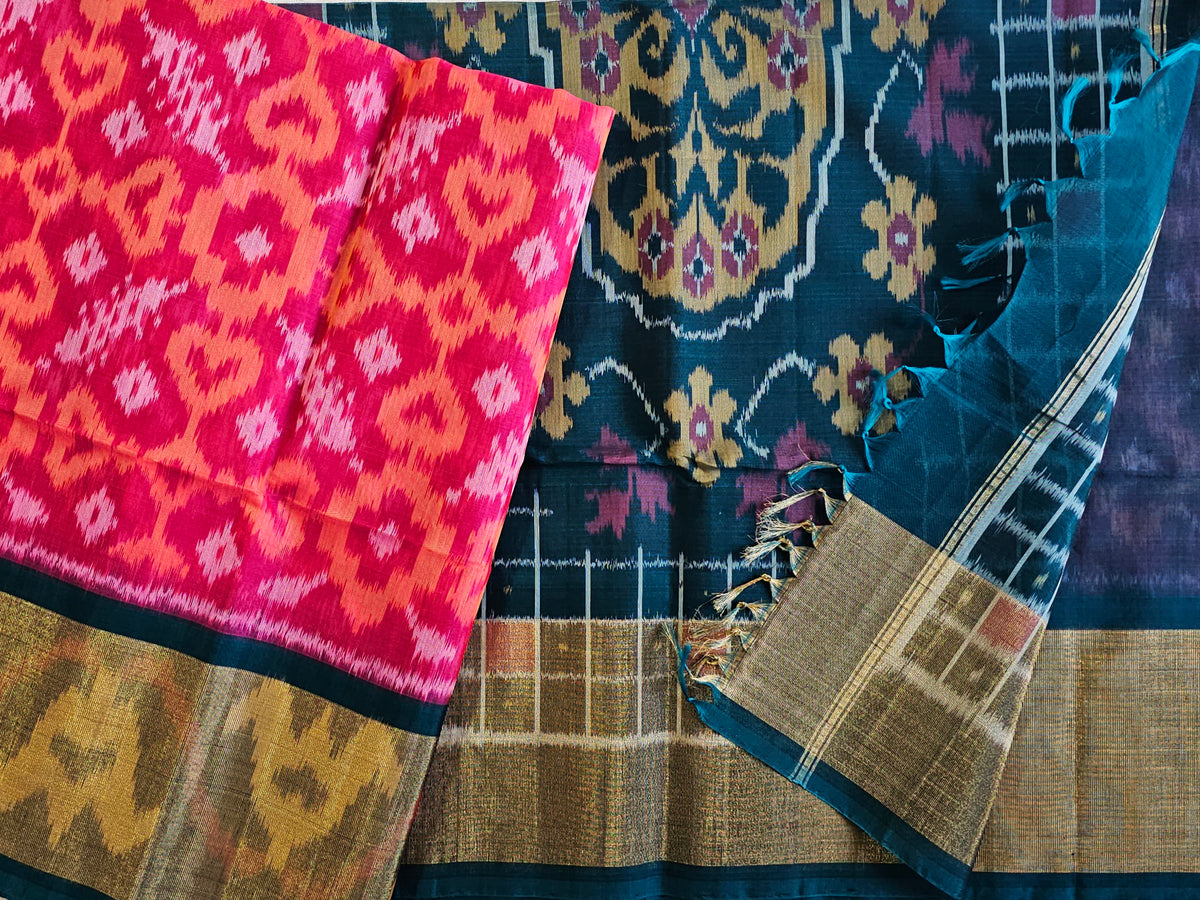 Pink with Peacock Green Pochampally Ikkat Silk Cotton (SICO Pattu)
