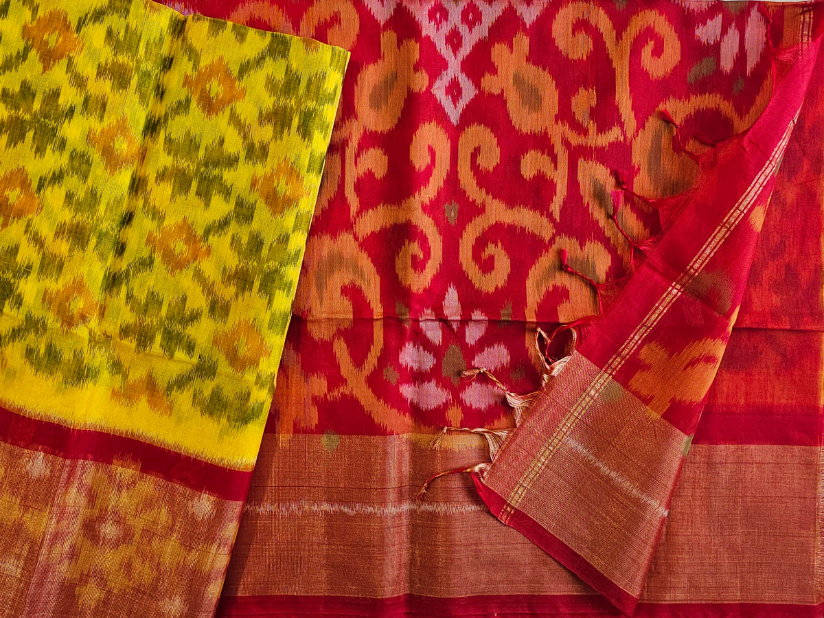 Yellow with Red Pochampally Ikkat Silk Cotton (SICO Pattu)