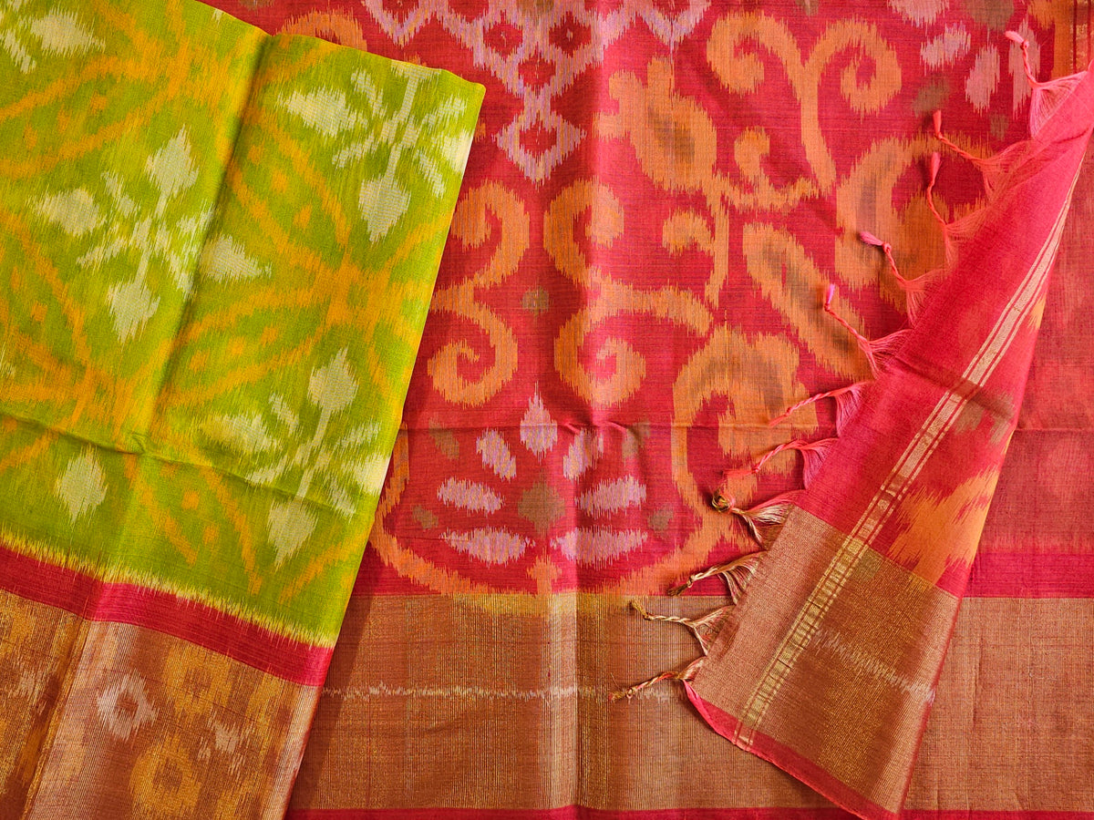 Green with Peach Pochampally Ikkat Silk Cotton (SICO Pattu)