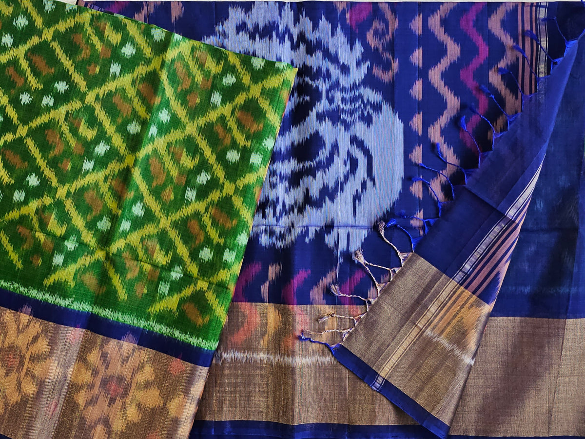 Green with Blue Pochampally Ikkat Silk Cotton (SICO Pattu)