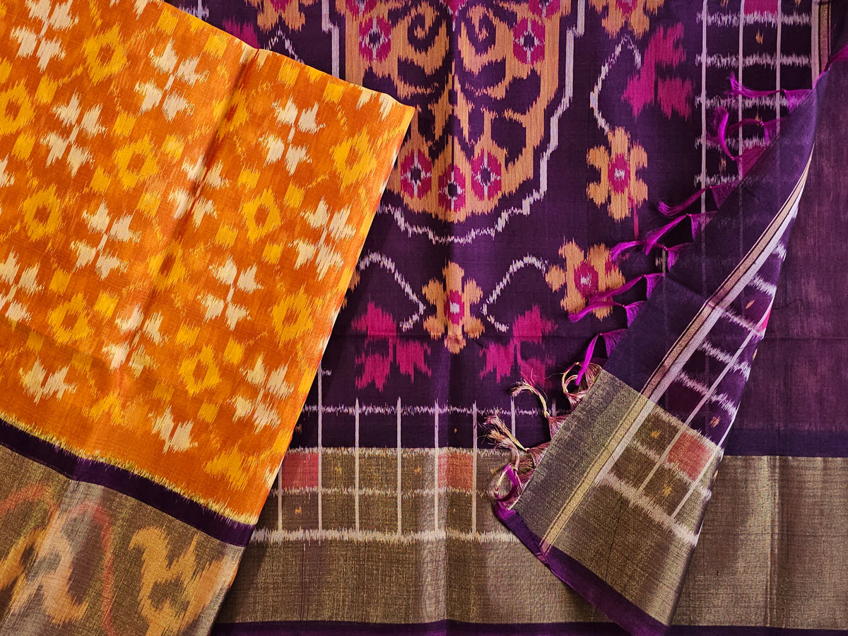 Orange with Purple Pochampally Ikkat Silk Cotton (SICO Pattu)