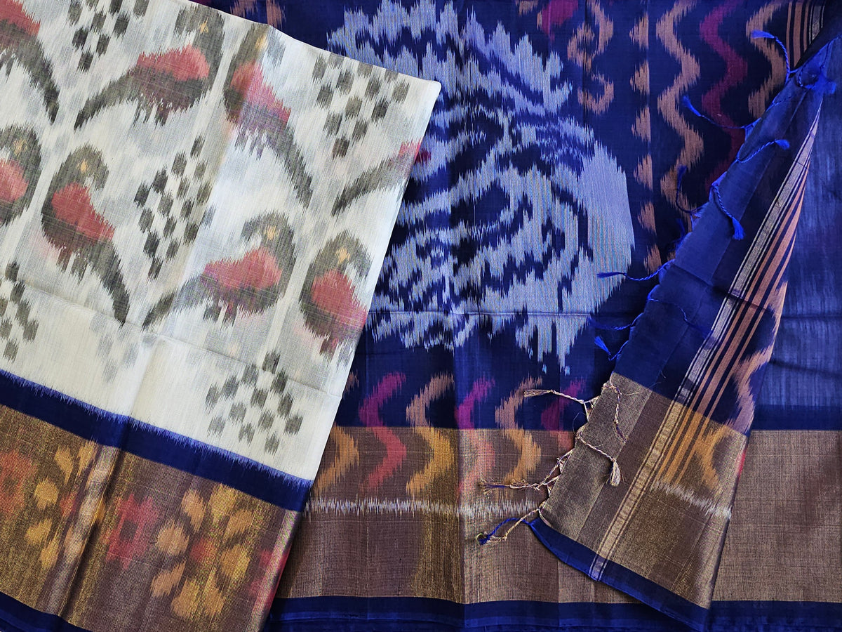 Off-white with Blue Pochampally Ikkat Silk Cotton (SICO Pattu)