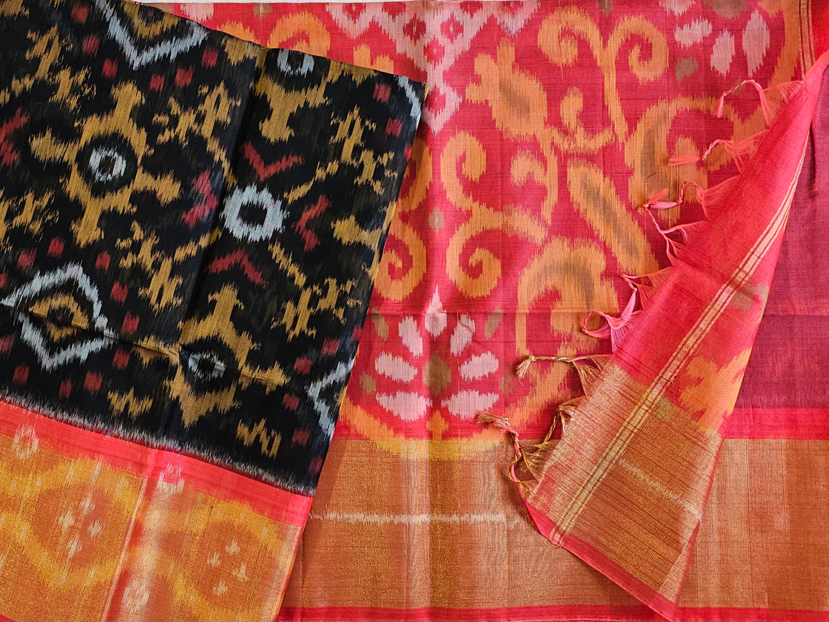 Black with Peach Pochampally Ikkat Silk Cotton (SICO Pattu)