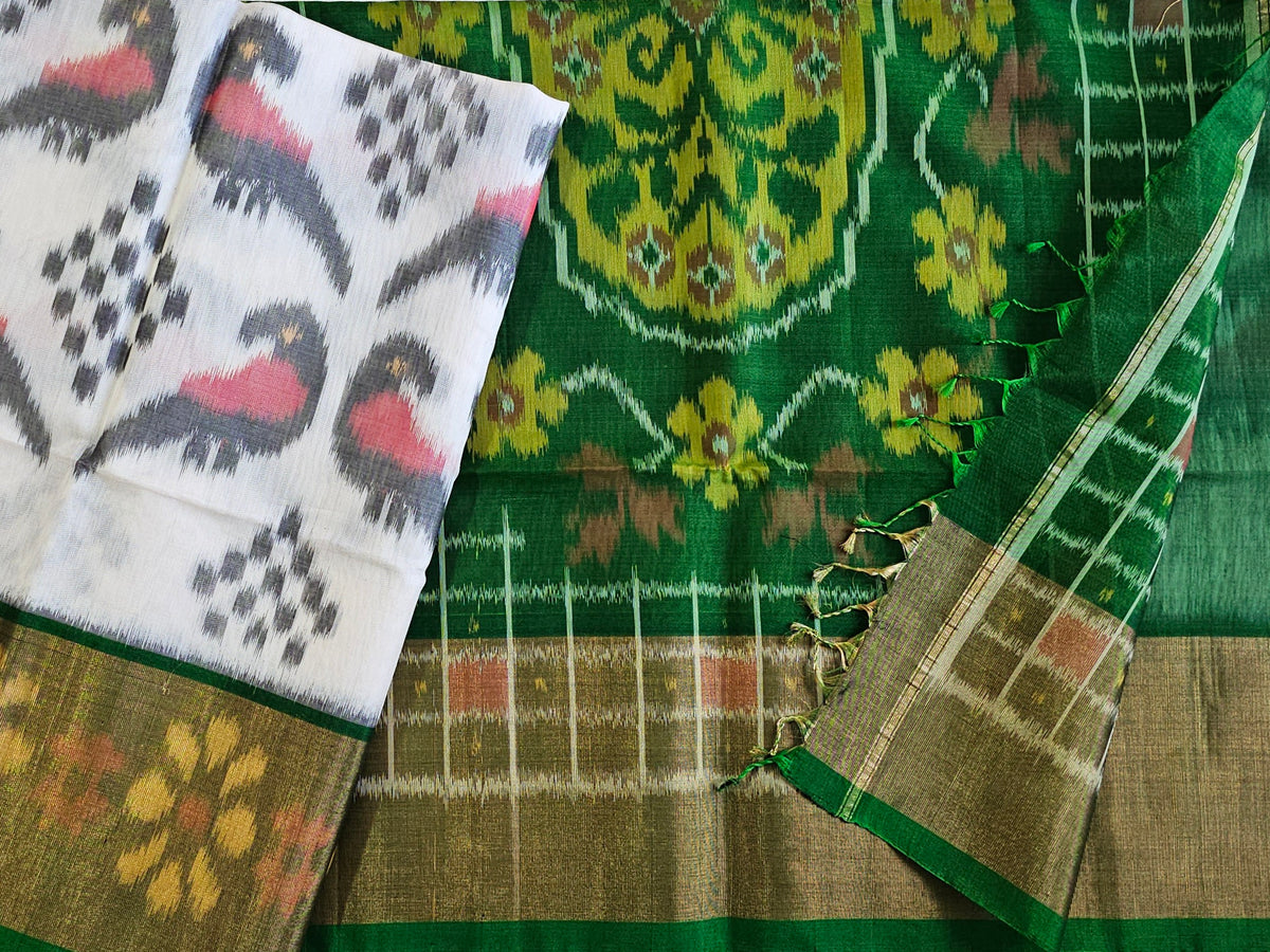 Off-white with Green Pochampally Ikkat Silk Cotton (SICO Pattu)