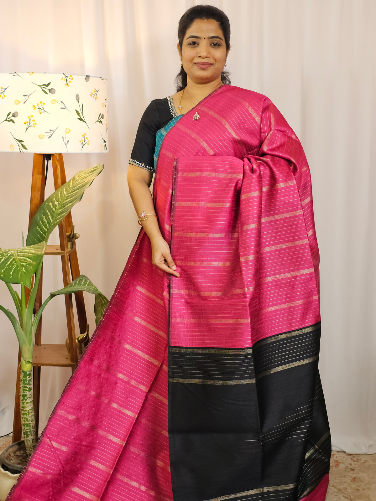 Semi Raw Silk - Pink with Black