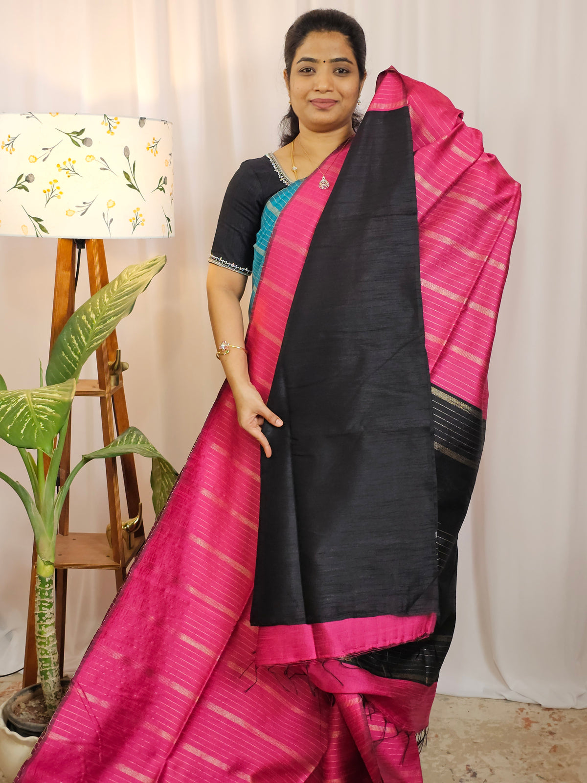 Semi Raw Silk - Pink with Black