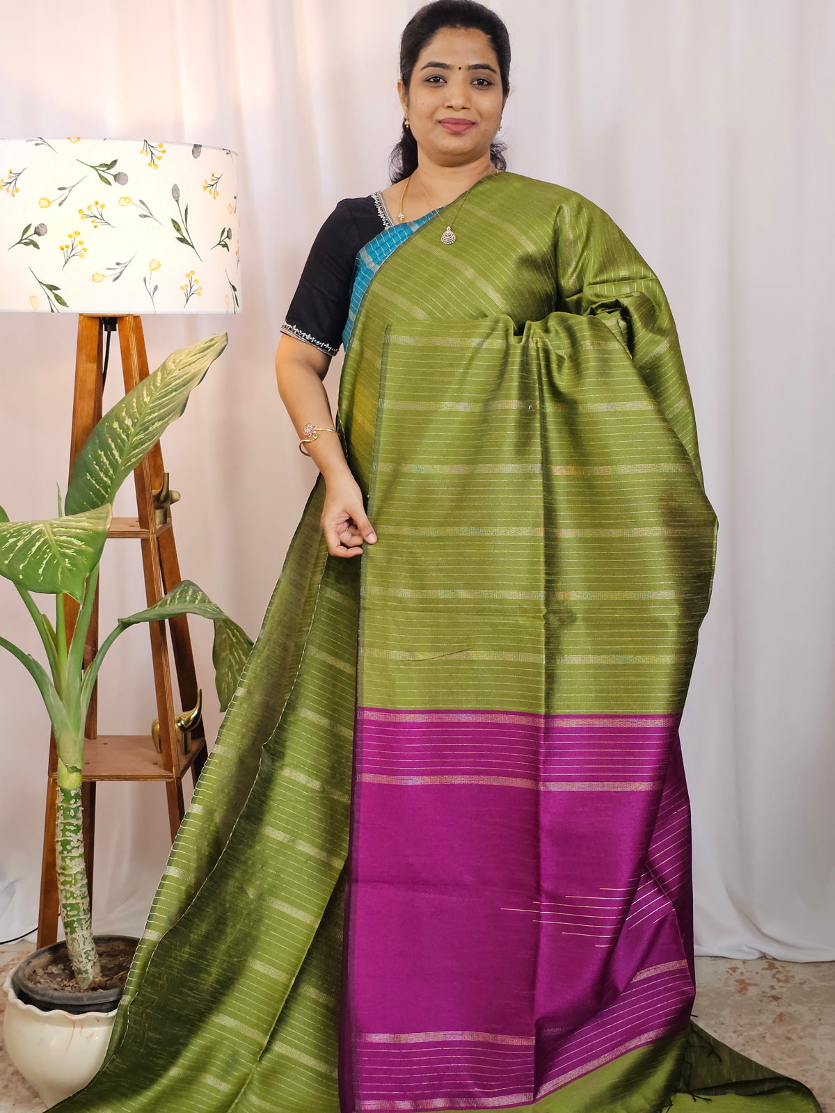 Semi Raw Silk -  Green with Magenga Pink